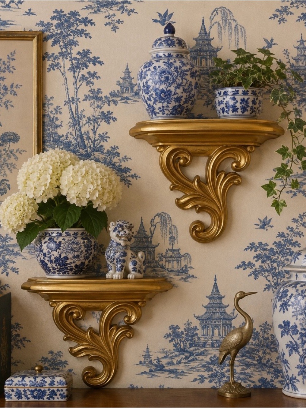 VTG Syroco Gold Wood Wall Shelves Ornate Rococo Chinoiserie Hollywood Regency